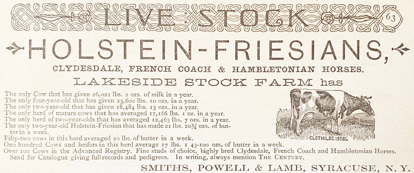 1888 LAKESIDE STOCK FARM Print Ad~Holstein Friesian Cattle Cow Breeders Syracuse
