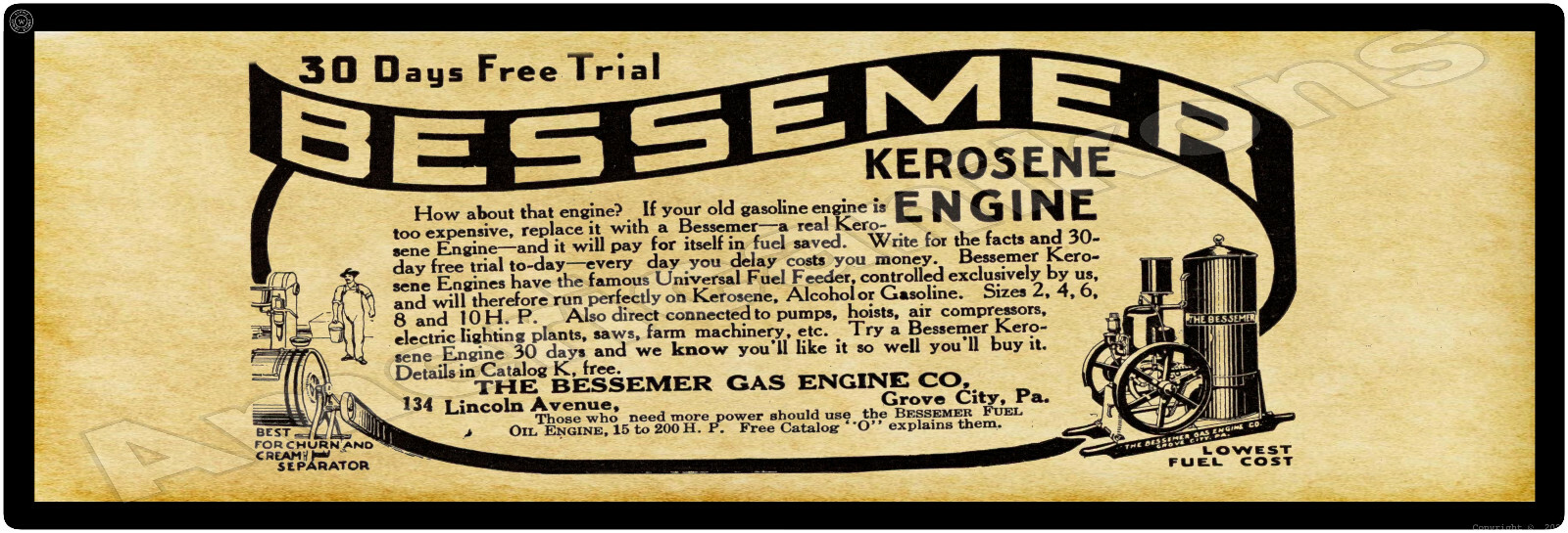 1914 Bessemer Gas Engine Co. Metal Sign: Grove City, Pennsylvania – 6&Prime; x 18&Prime;