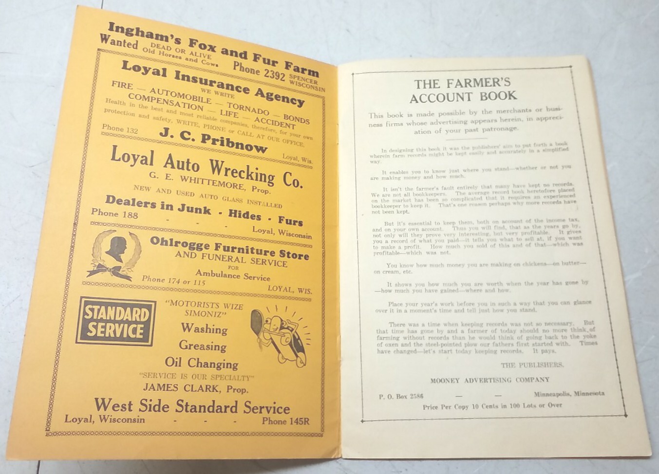 Vintage 1944 Advertising Local Farmers Account Book Ledger Spencer Loyal Wisc