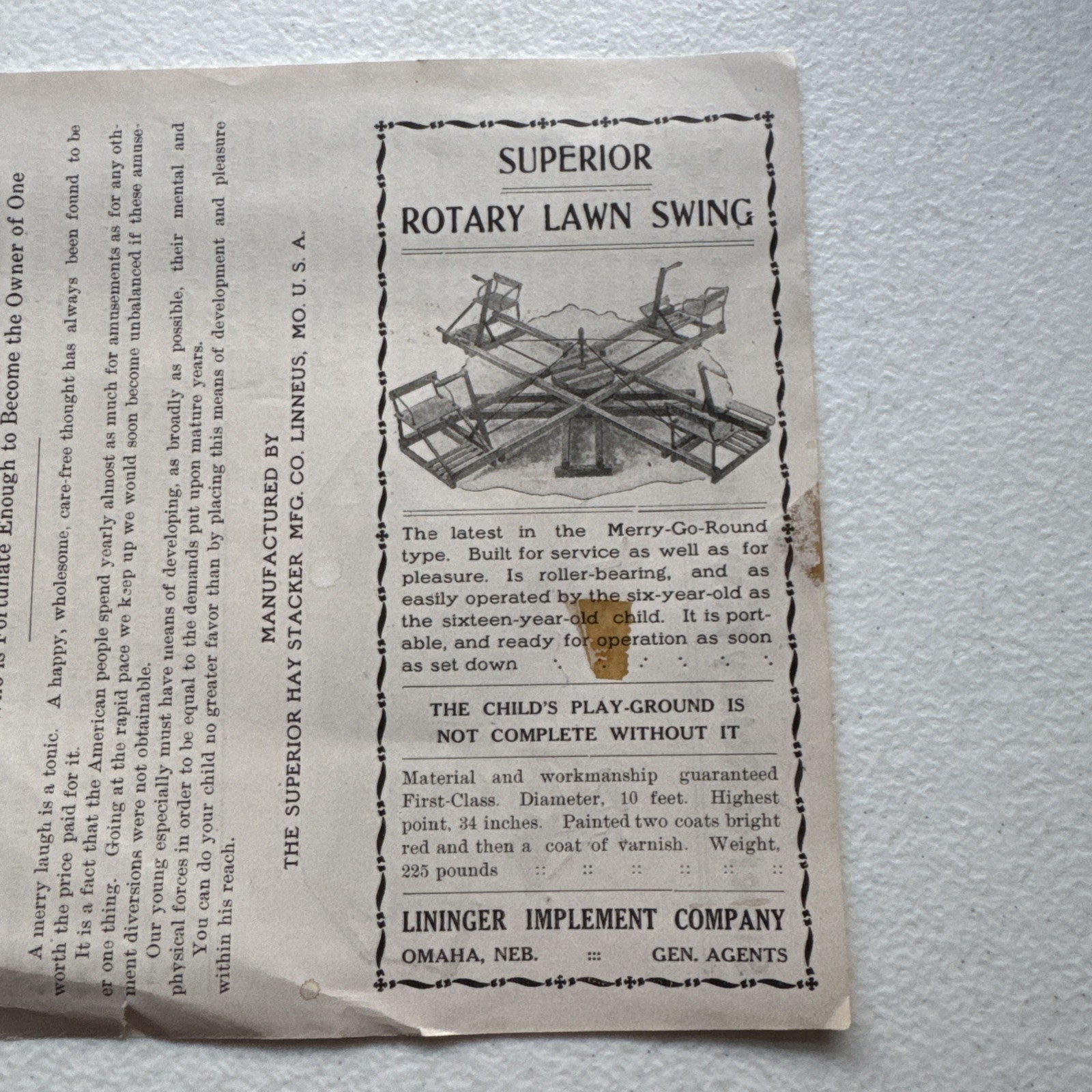 The Superior Hay Stacker Manufacturing Co. Superior Rotary Porch Swing Pamphlet