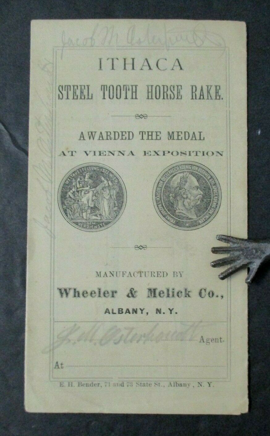 1875 ITHACA STEEL TOOTH HORSE RAKE Advertising, Wheeler & Melick Co. Albany, NY