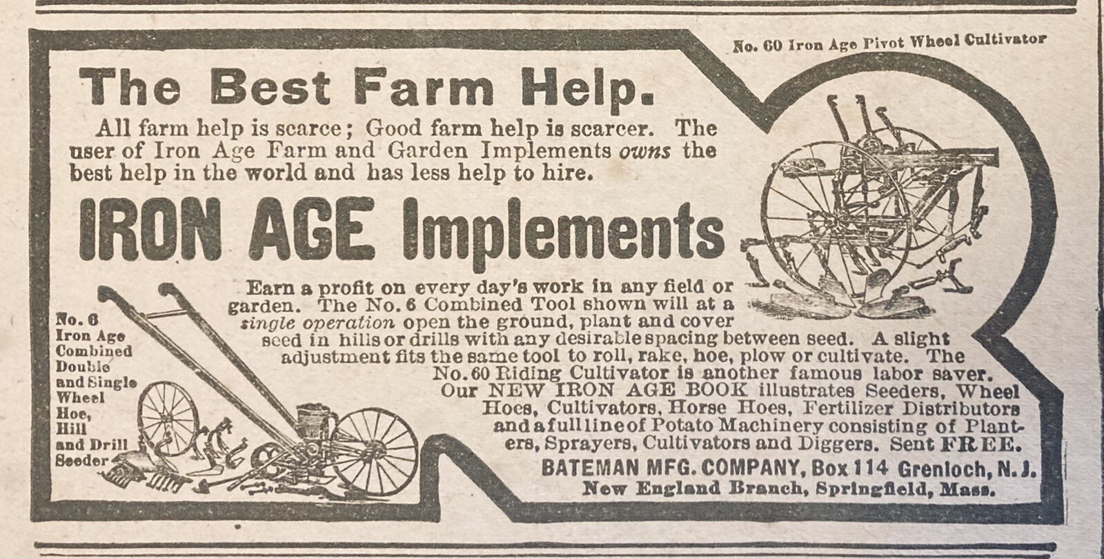 1906 AD(XH34)~BATEMAN MFG. CO. GRENLOCH, NJ. IRON AGE FARM IMPLEMENTS