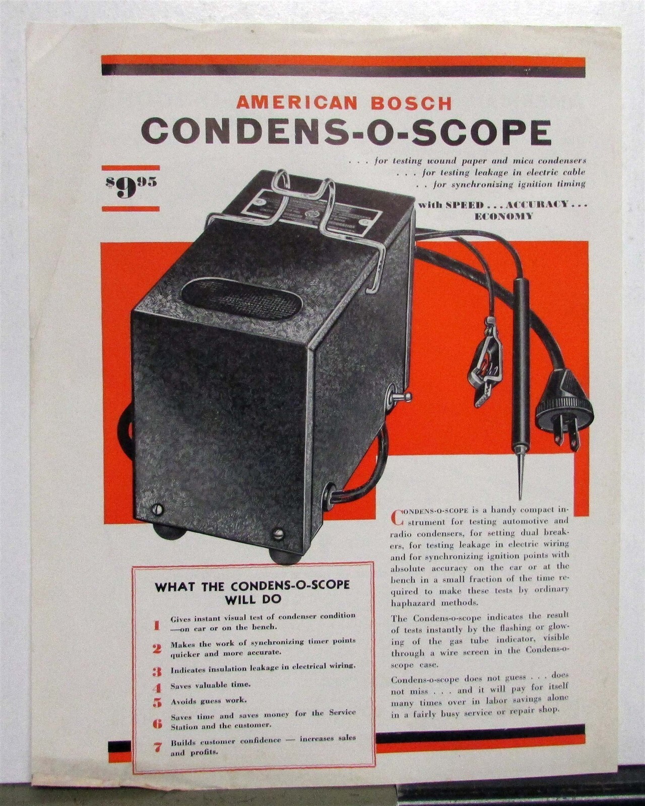 1933 American Bosch Condens-O-Scope Auto & Radio Tester Sales Data Sheet