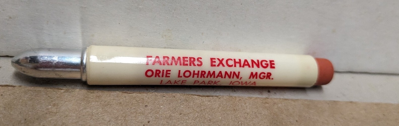Vintage Farmers Exchange Lake Park Iowa IA Bullet Pencil Orie Lohrmann Mgr