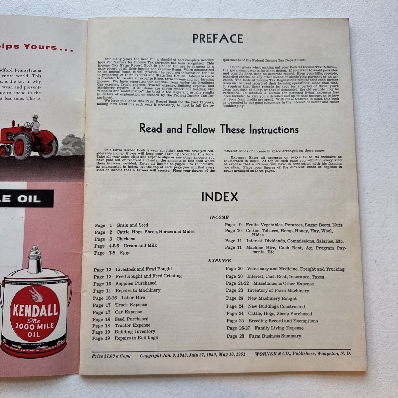 Melvin H. Sheffer Inc. Farming Equipment & Refrigeration Farm Record Book 1951
