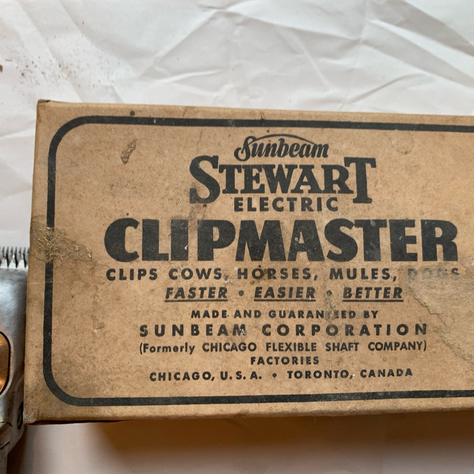ANTIQUE- SUNBEAM- STEWART ELECTRIC CLIPMASTER-MODEL 51-2 ORIGINAL BOX Powers On