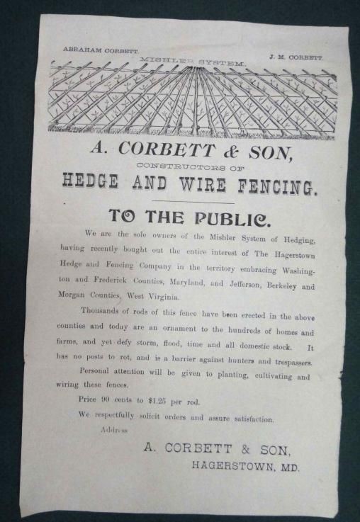 1888 antique CORBETT HEDGE WIRE FENCE PAPER ADVERTISE BROADSIDE hagerstown md