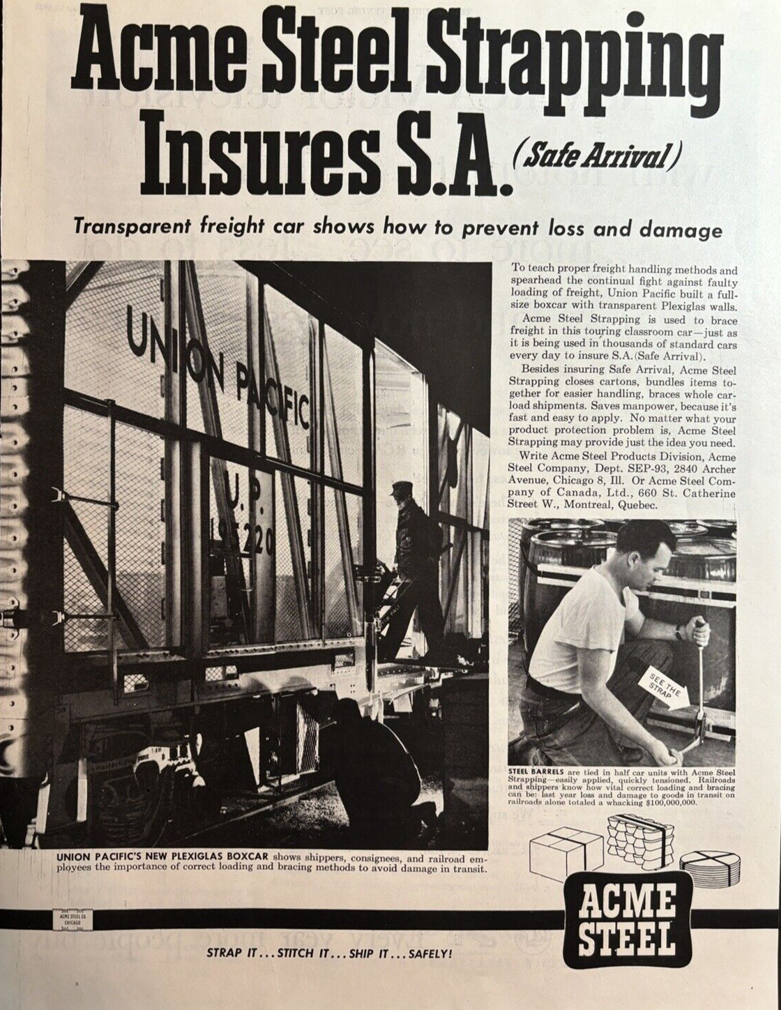 1953 Acme Steel Transparent Freight Car Insures Safe Arrival Vintage Print Ad