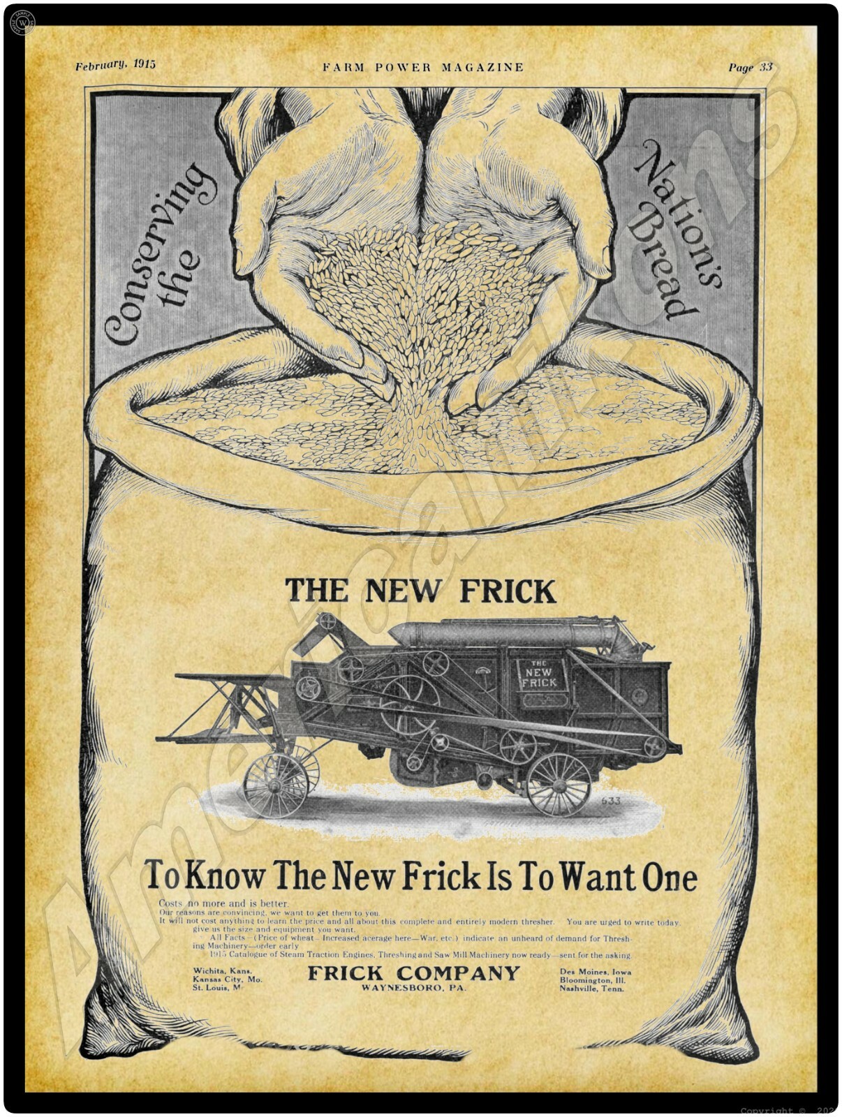 1915 Frick Co. Threshing Machinery – New Metal Sign: Waynesboro, Pennsylvania