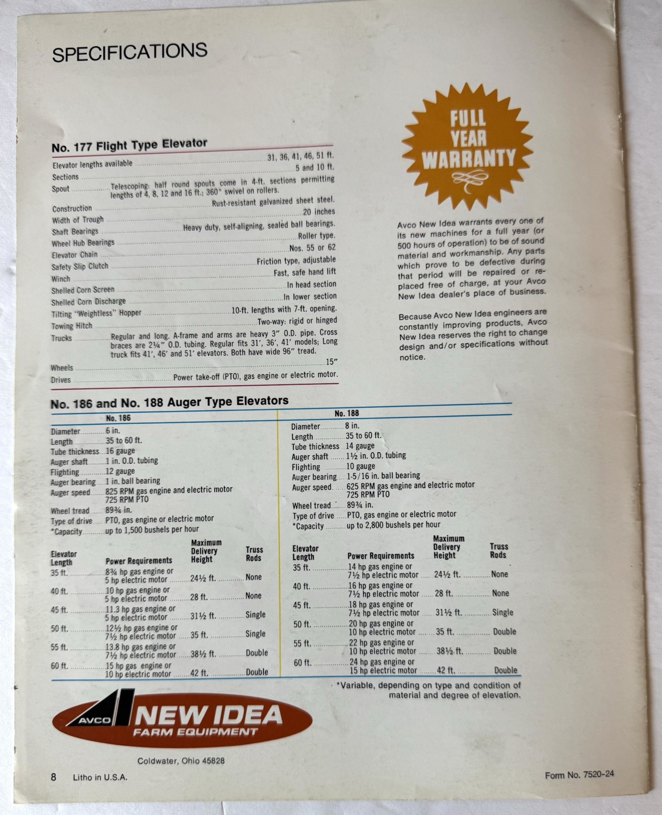 Avco New Idea Farm Equipment Sales Brochure Flight & Auger Elevators