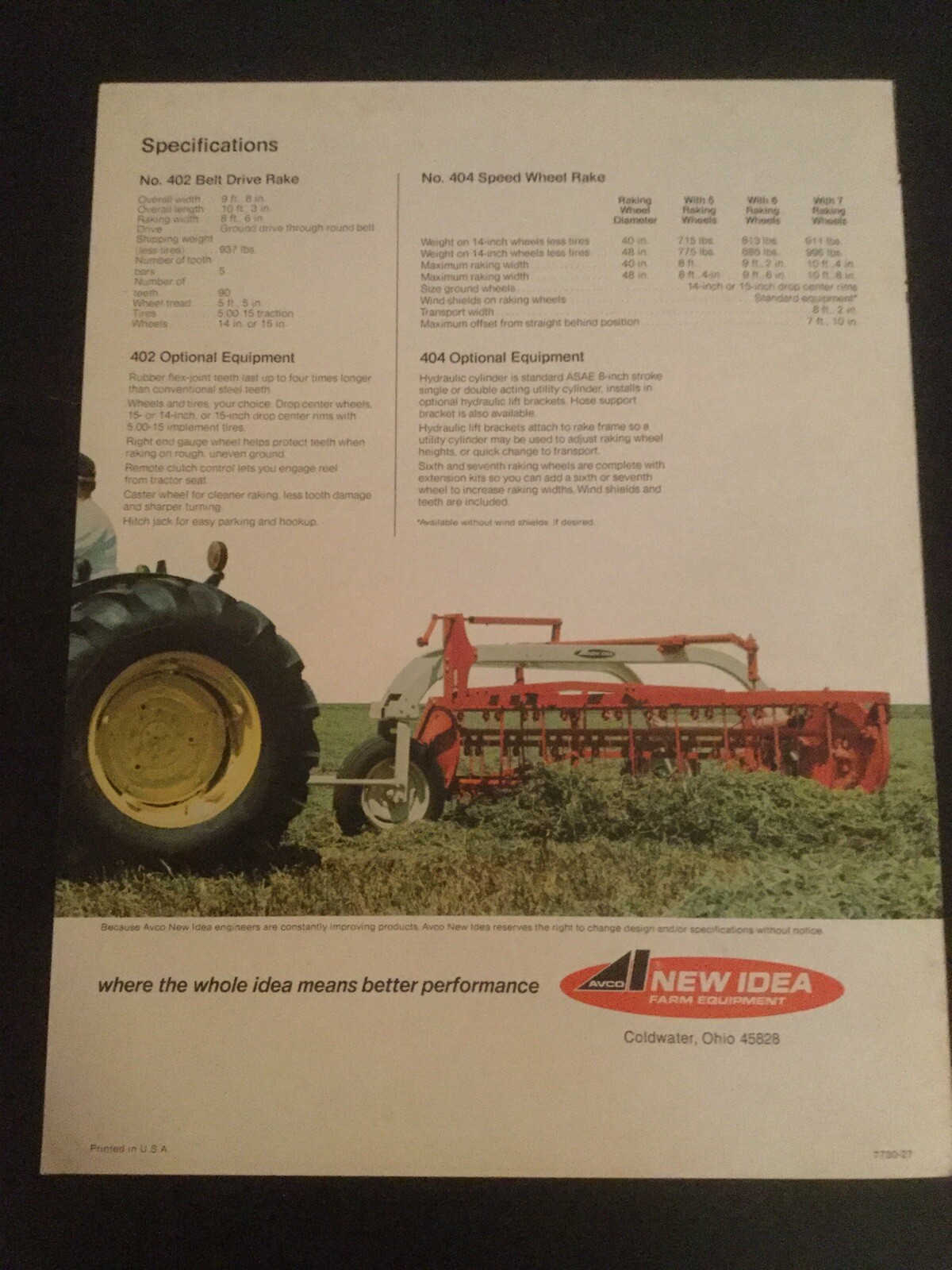 AVCO NEW IDEA FARM EQUIPMENT RAKES 4 PAGES 1977 Sales Brochure