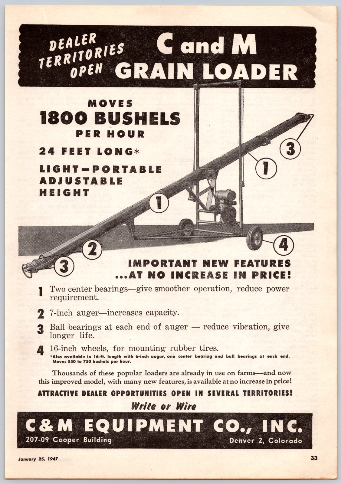 1947 Print Ad C & M Equipment Co Denver Colorado Grain Loader Moves 1800 Bushels
