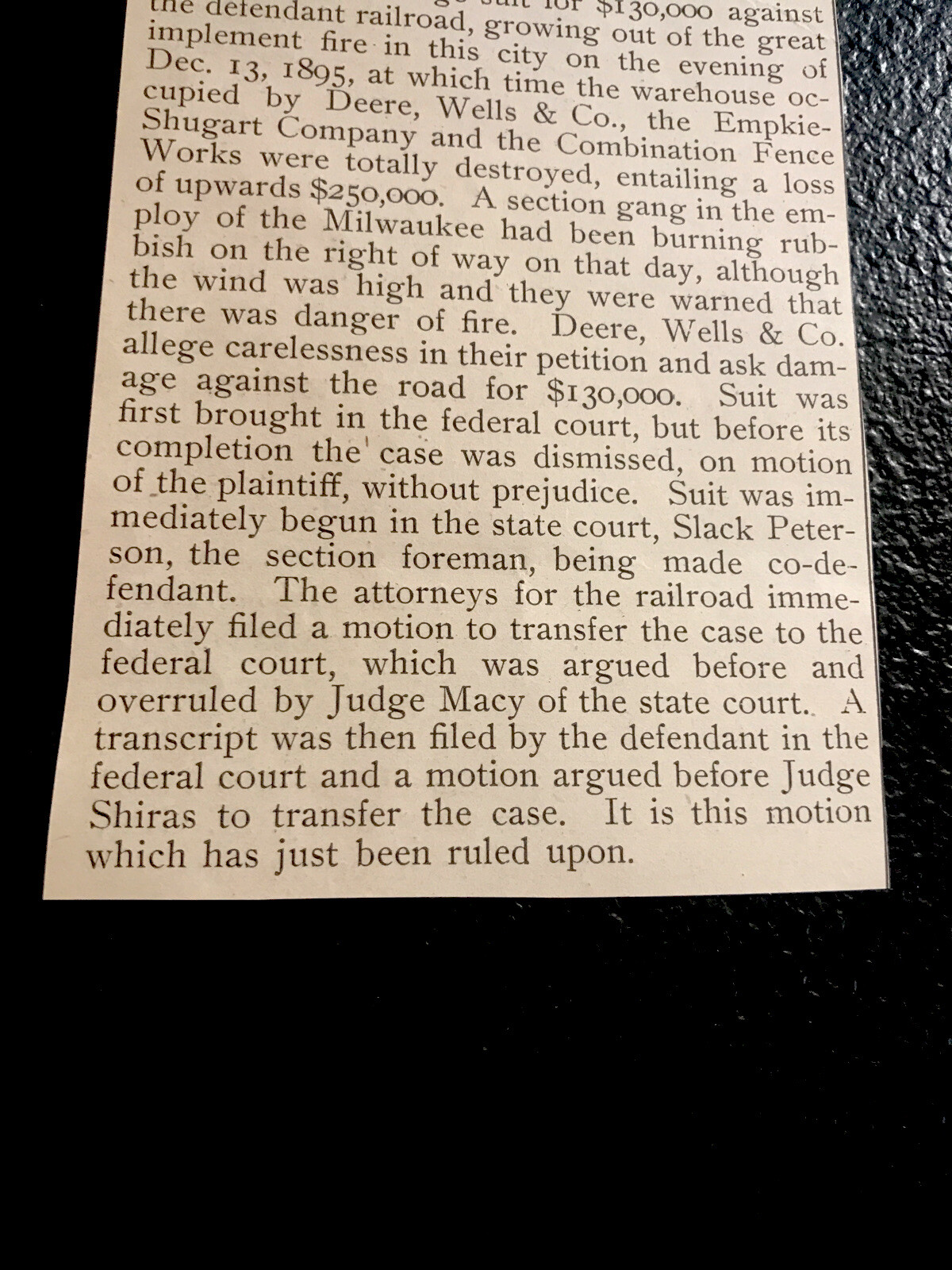 ORIGINAL 1897 Deere Wells & Co vs. Chicago Milwaukee St. Paul Railroad Article