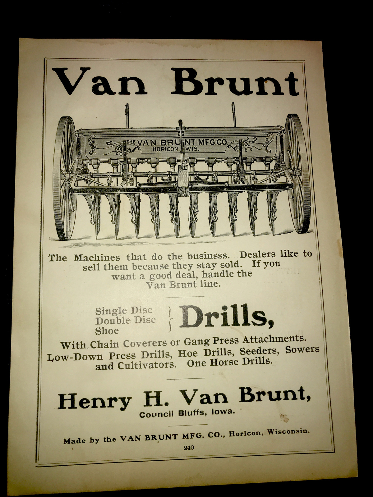 1905 Van Brunt Drills Farm Advertising – Horicon – Wisconsin Council Bluffs Iowa