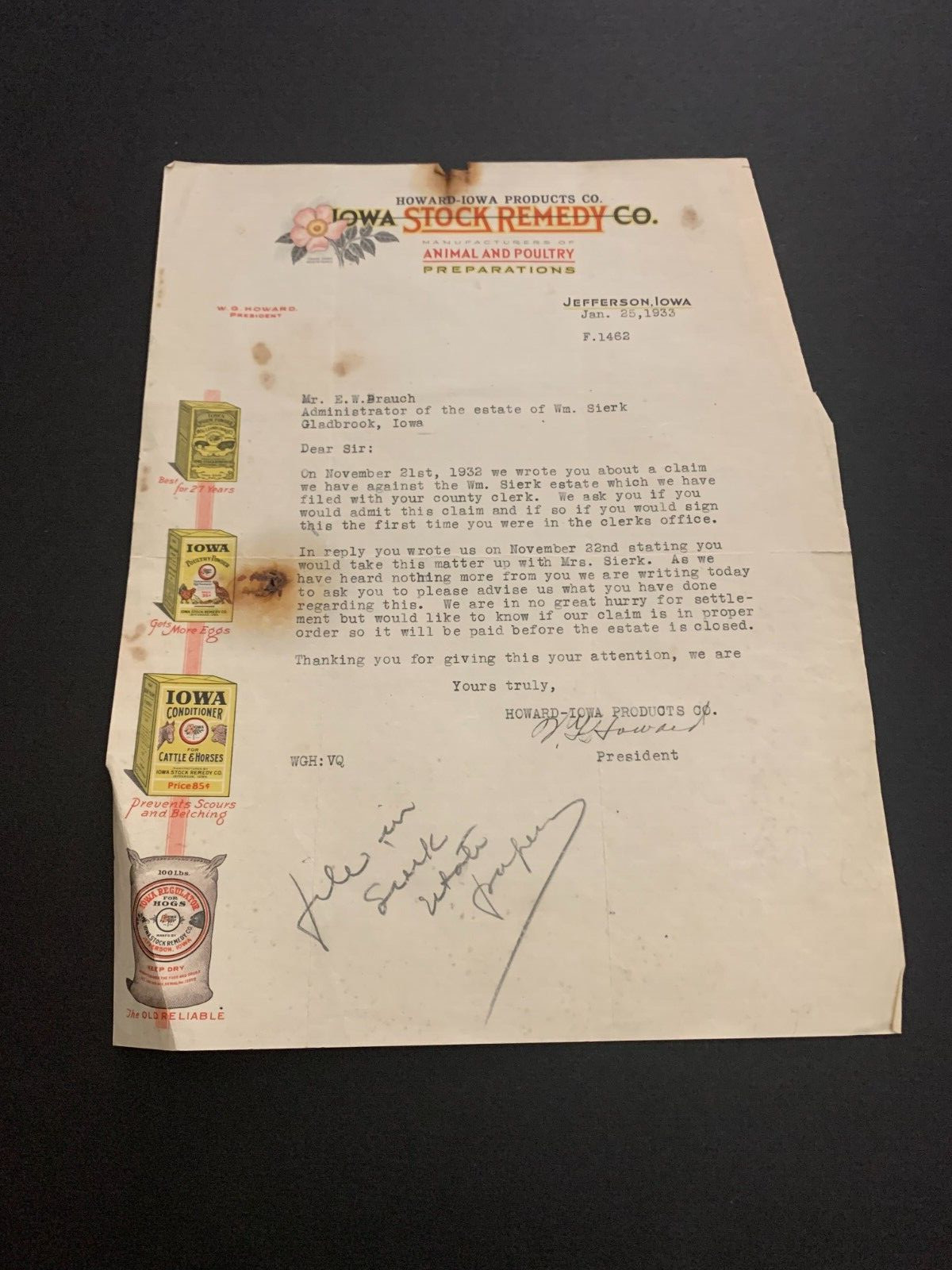 January 1933 Iowa Stock Remedy Company Letterhead Jefferson Iowa