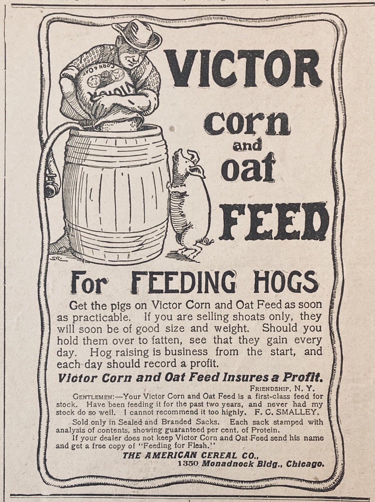 1901 AD.(XH11)~AMERICAN CEREAL CO. CHICAGO. VICTOR CORN AND OAT HOG FEED