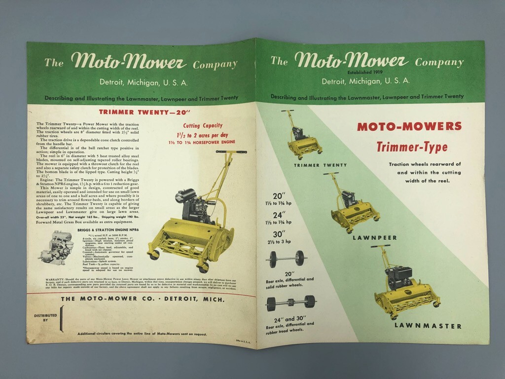 1940s MOTO-MOWER Green LAWN MOWER Vintage ADVERTISING Brochure BRIGGS & STRATTON