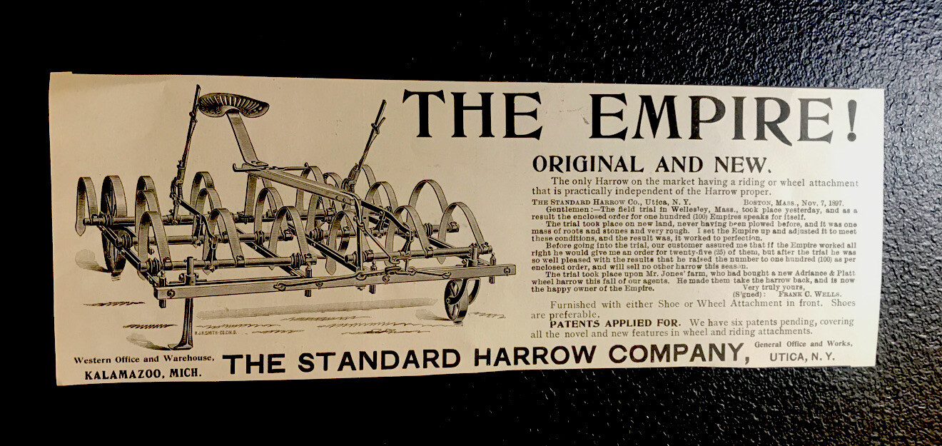 ORIGINAL 1897 Standard Harrow Co Farm Implement Advertising – Utica – New York