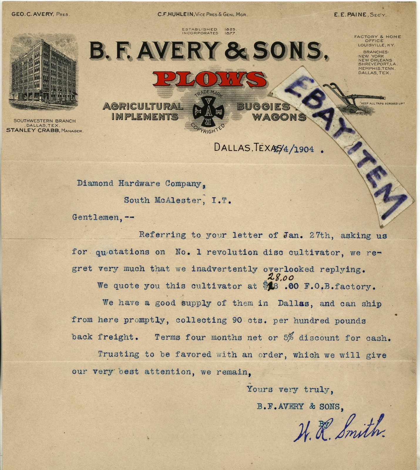 1904 LETTERHEAD B F Avery & Sons Plows DALLAS TEXAS Stanley Crabb HUHLEIN PAINE