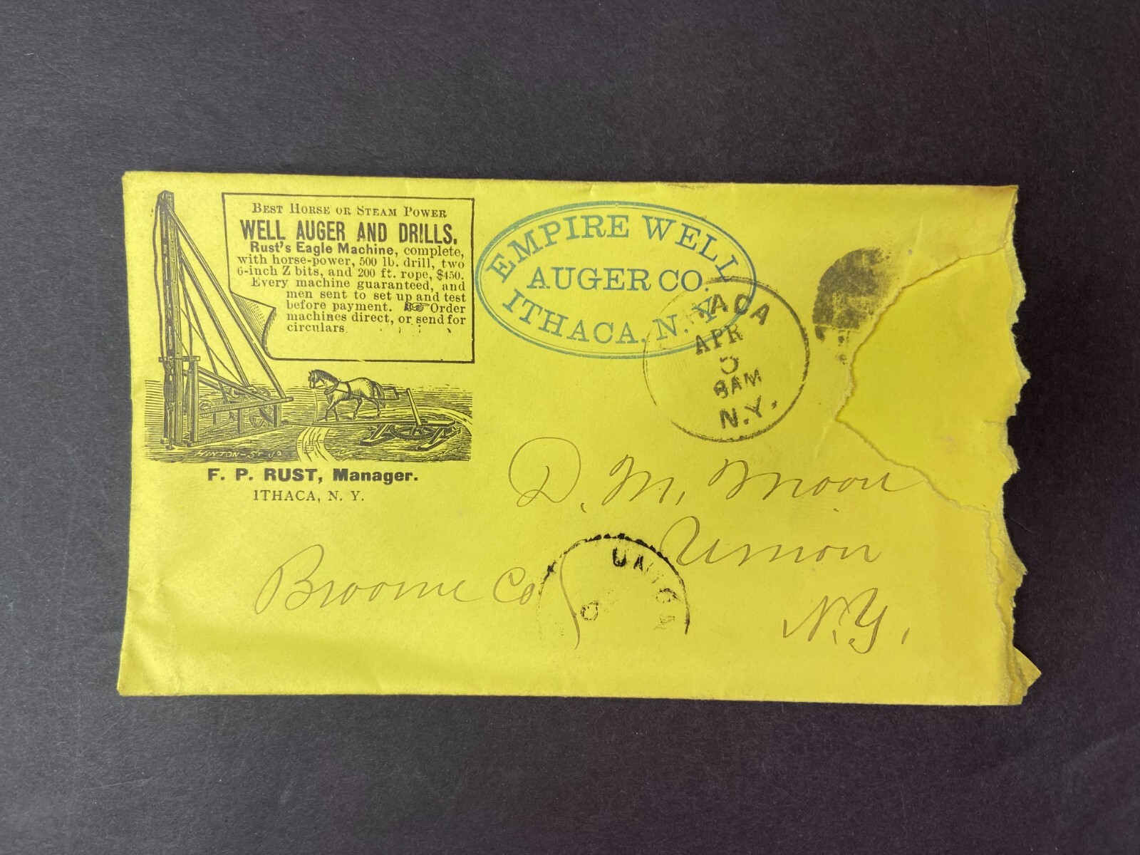 SUPER Rare Letterhead & Cover 1883 Horse or Steam Empire Well Drill – Ithaca NY
