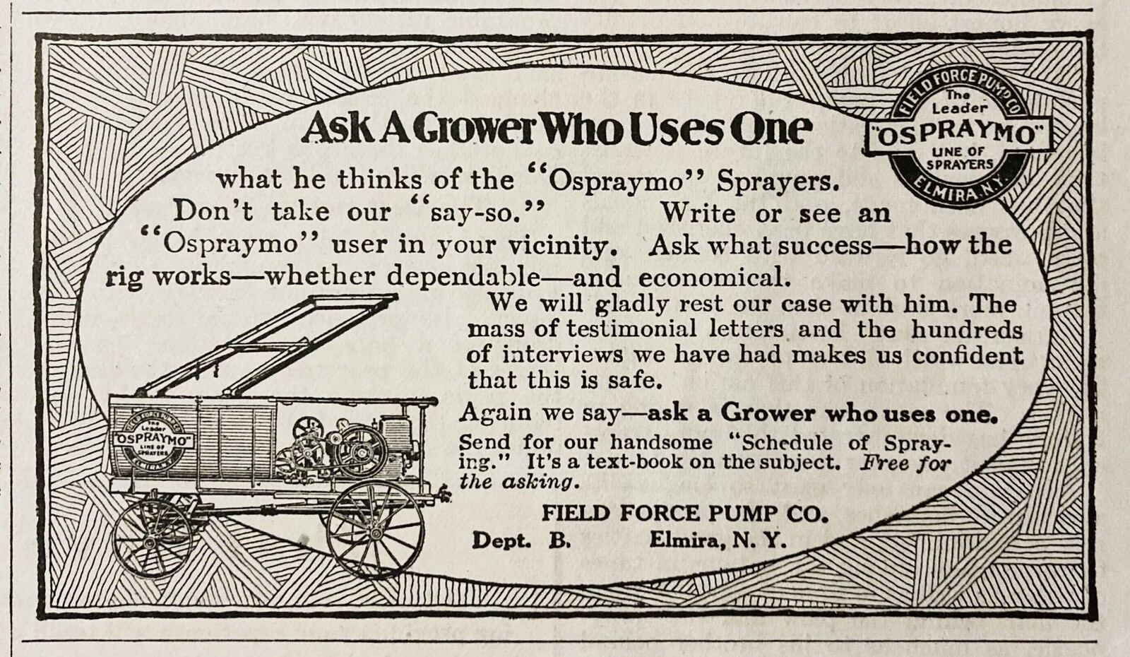 1917 AD.(XH71)~FIELD FORCE PUMP CO. ELMIRA, NY. “OSPRAYMO” ORCHARD SPRAYERS