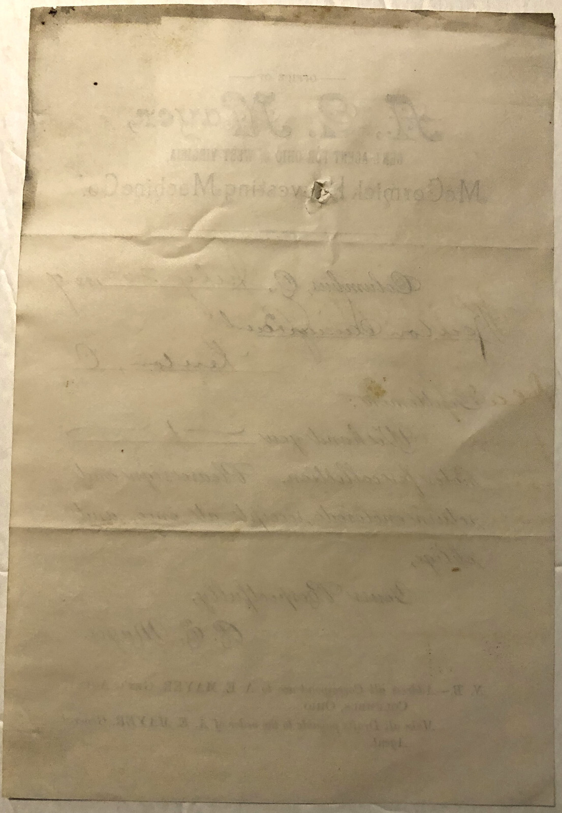 McCormick Harvesting Machine Co 1887 Memo A. E. Mayer General Agent Ohio & W.Va.