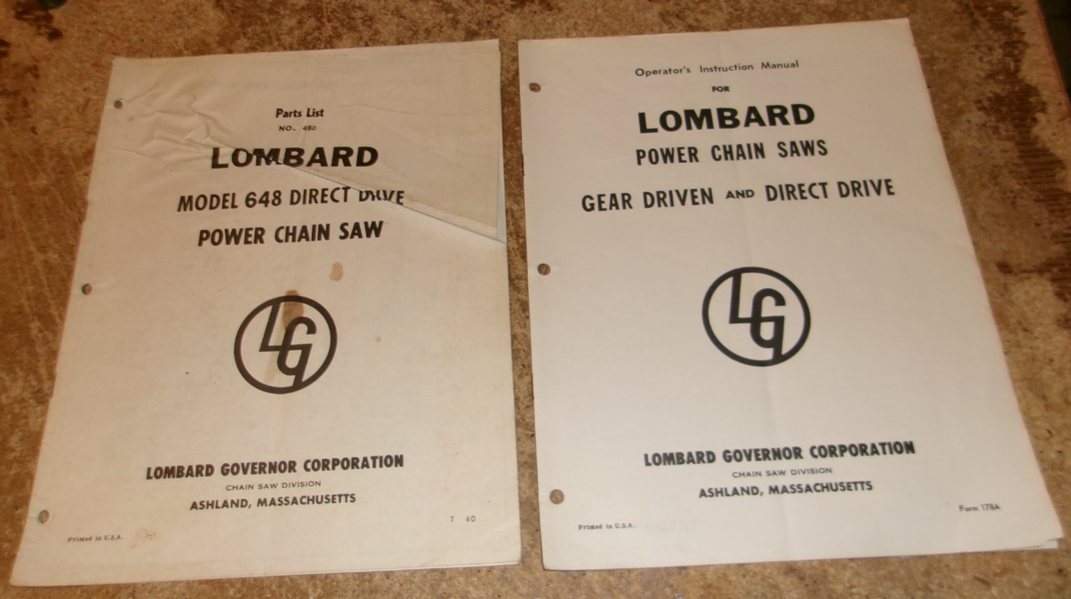 2-lot vintage lombard chain saws operators/parts manuals in good shape used