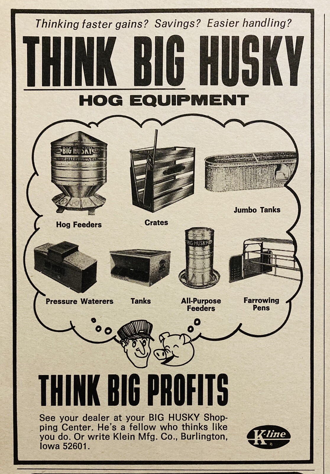 1969 AD.(XH78)~KLEIN MFG. CO. BURLINGTON, IOWA. “BIG HUSKY” HOG EQUIPMENT
