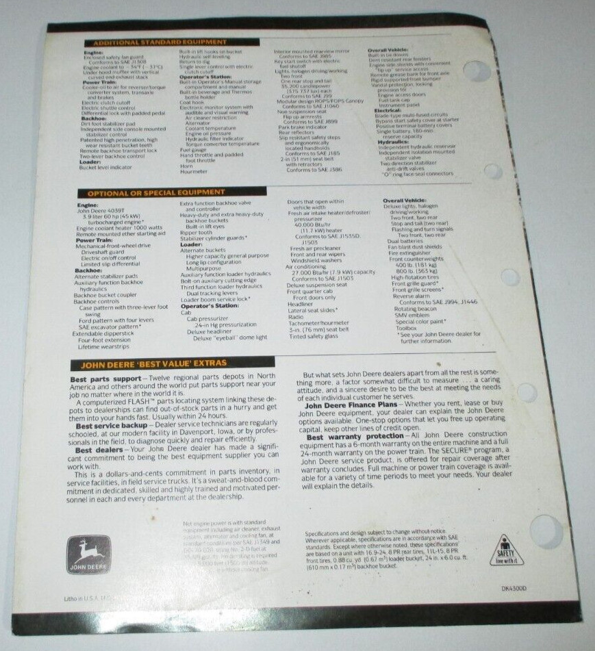 John Deere JD 300D Tractor Loader Backhoe Sales Brochure Literature ORIGINAL!