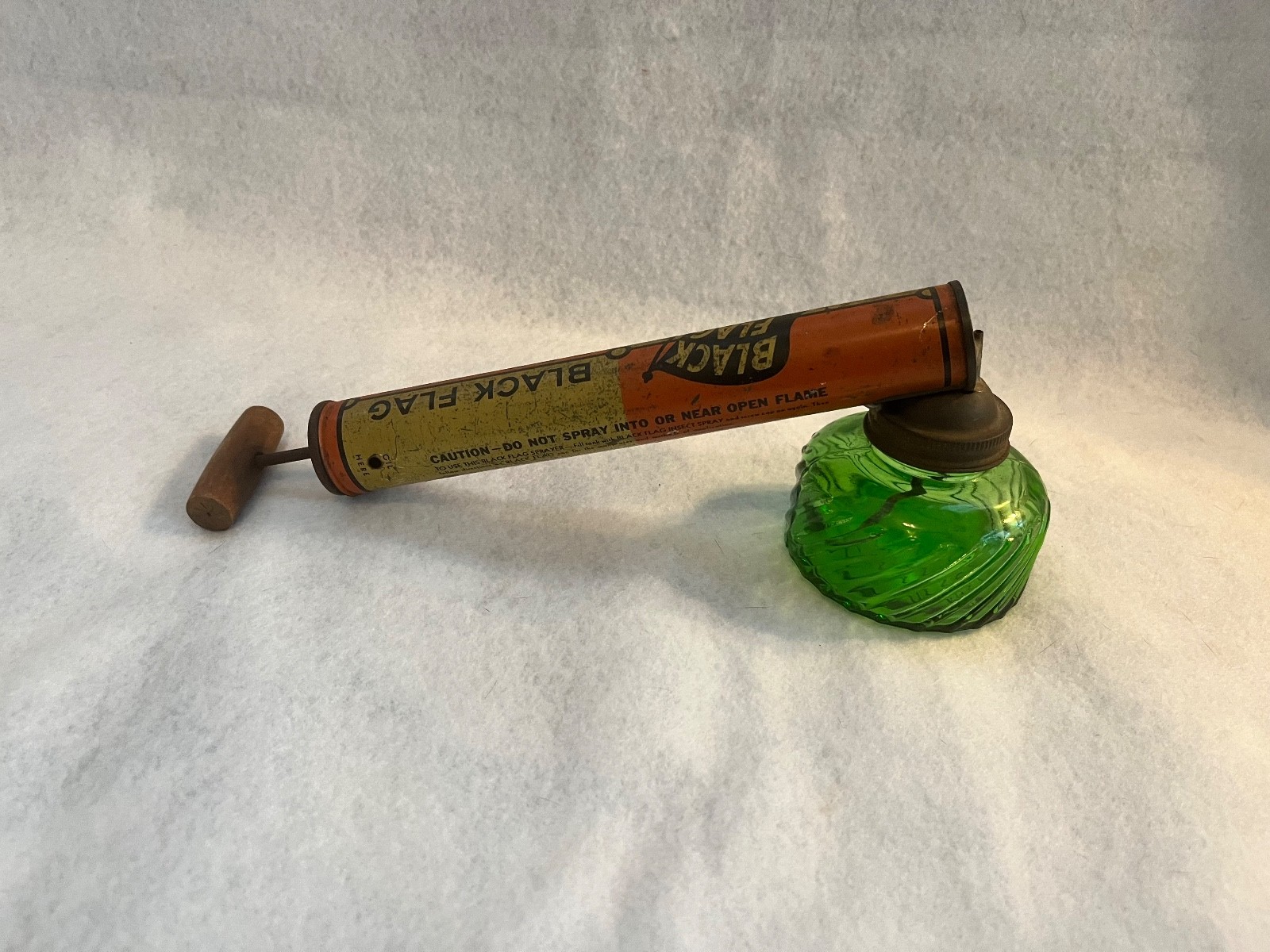 Vintage Black Flag Pump Sprayer With Green Glass Bowl