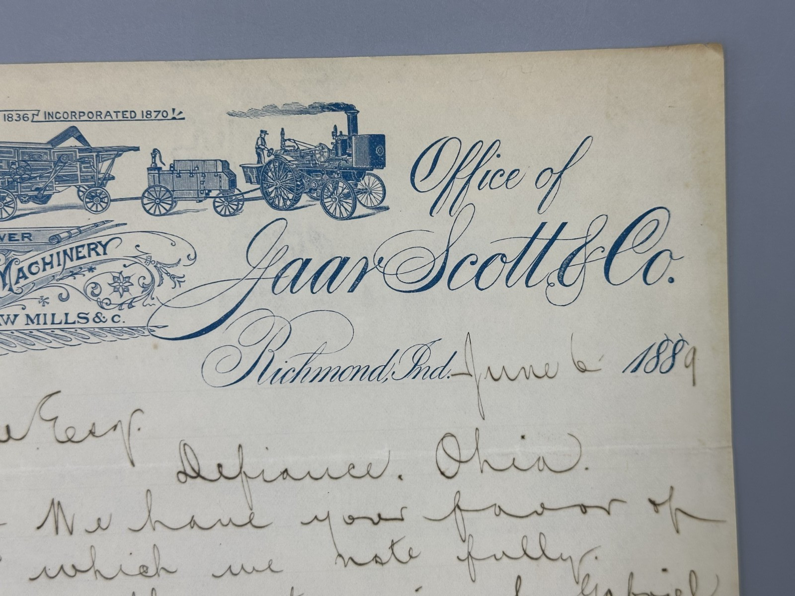1889 GAAR SCOTT Saw Mills THRESHING MACHINES Letter FARM Advertising RICHMOND IN