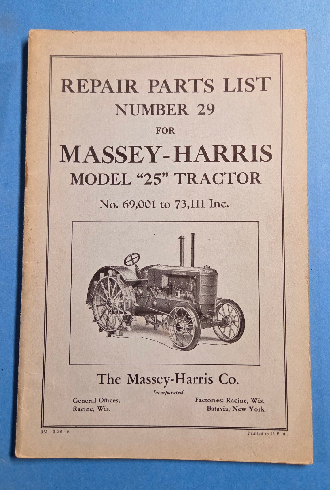 Vintage Manual Repair Parts List Massey Harris Model 25 Tractor 1938