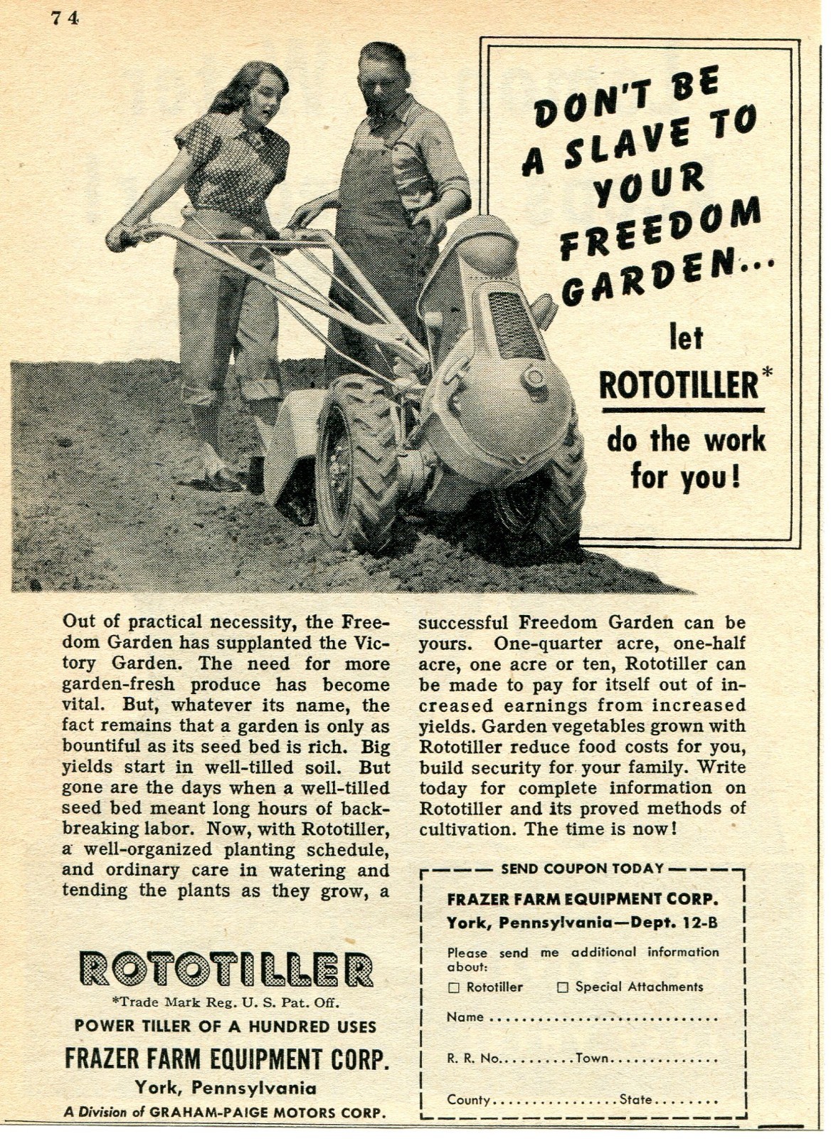 1948 small Print Ad of Frazer Farm Equipment Rototiller don&rsquo;t be a slave