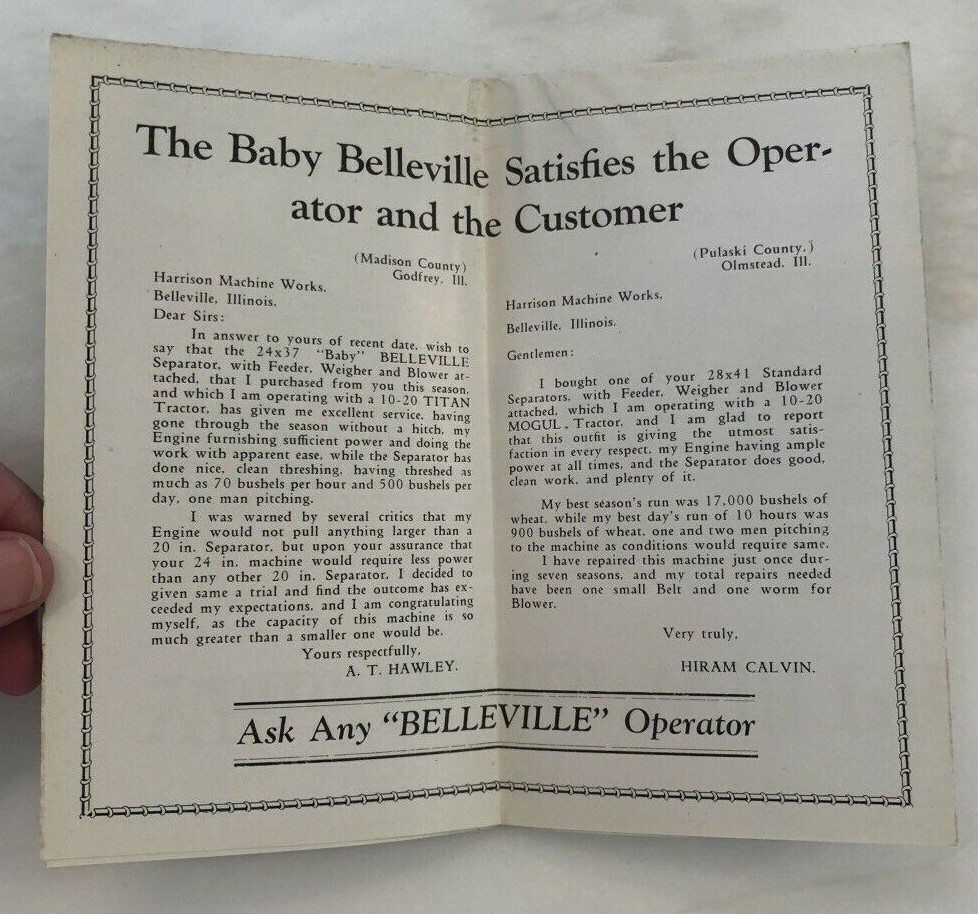 Baby BELLEVILLE THRESHING Antique HARRISON MACHINE WORKS Farm Advertising IL