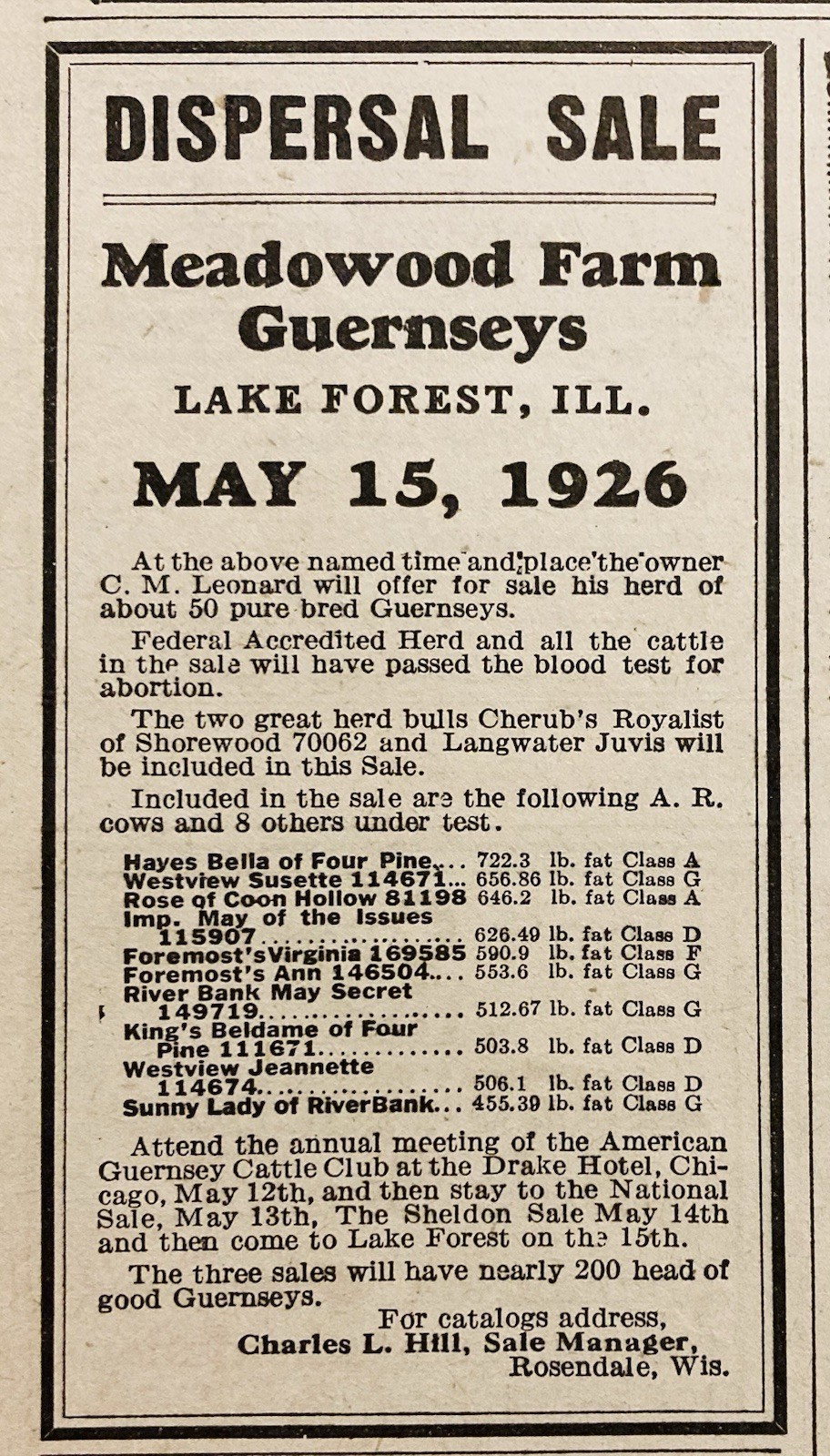 1926 AD.(XH82)~MEADOWWOOD FARM, LAKE FOREST, ILL. GUERNSEY DISPERSAL SALE