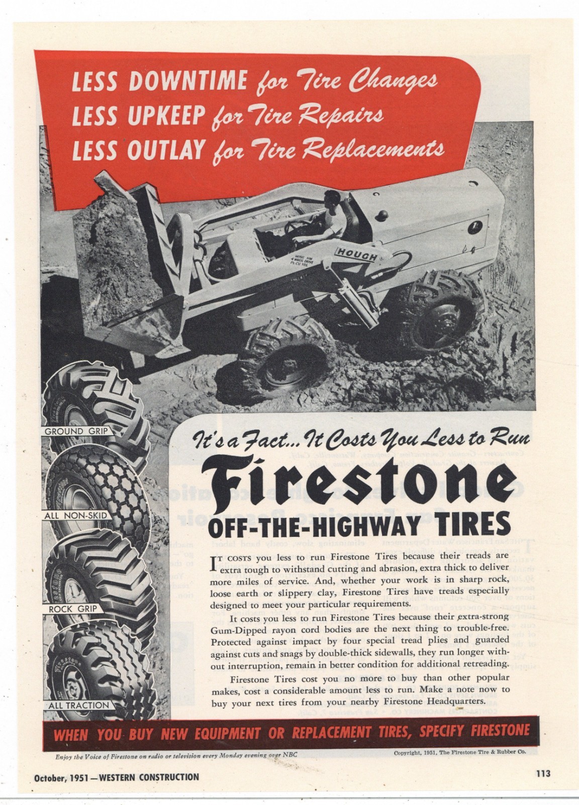 1951 Firestone Off Highway Tire Ad: Hough Payloader Tractor w. Ground Grip Tires