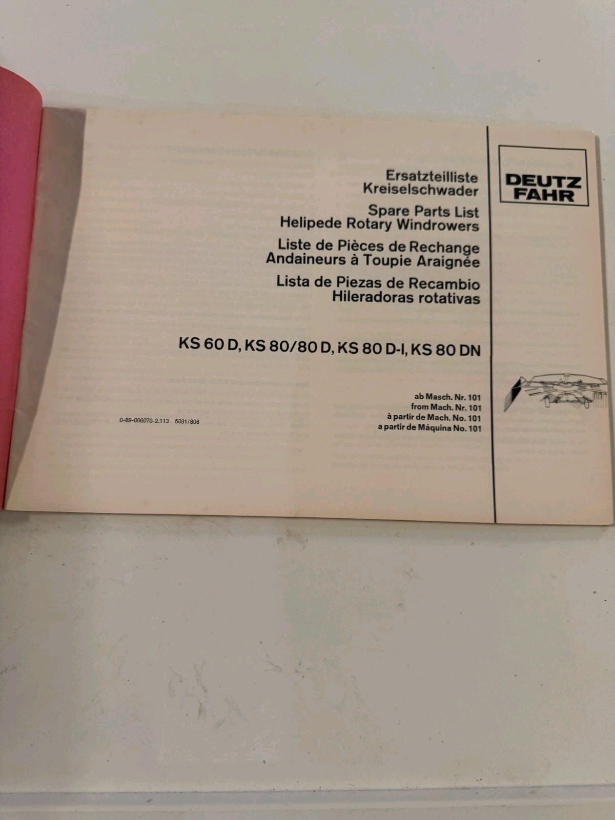 Deutz Fahr KS 60 D, KS 80/ 80 D, KS 80 D-I, KS 80 DN Spare Parts List 1989