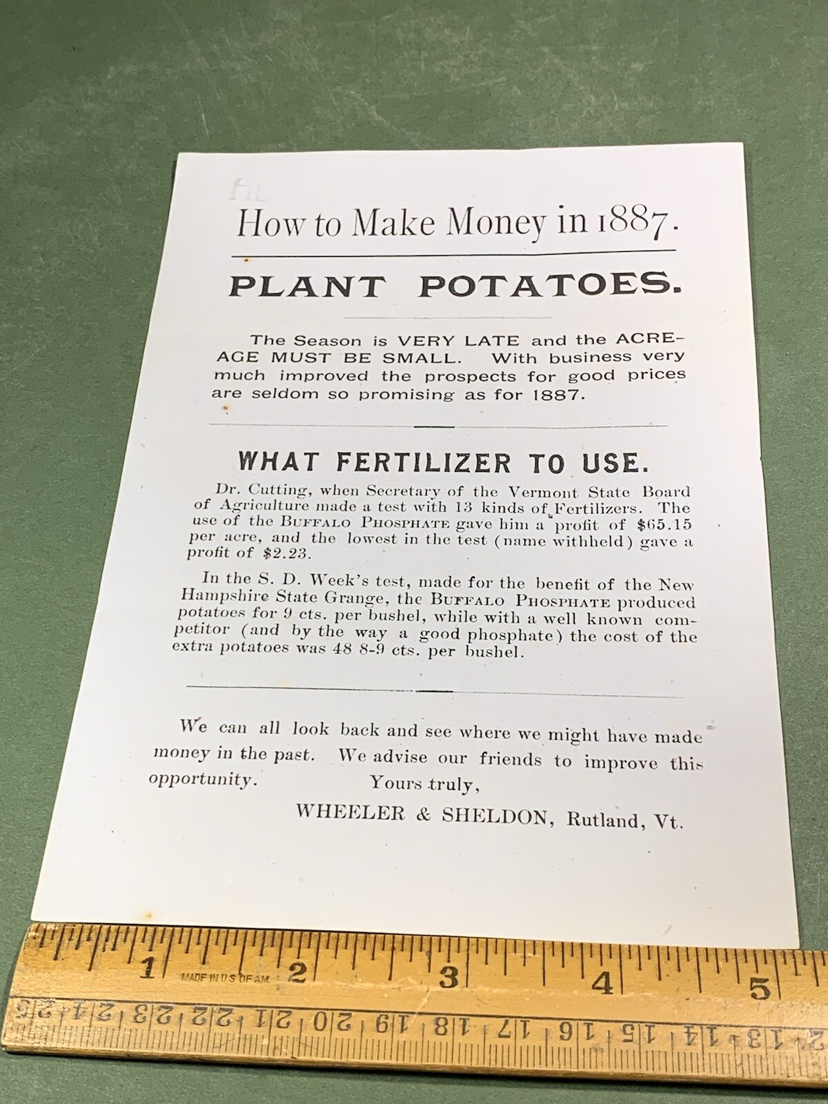 Wheeler & Sheldon Fertilizers Rutland Vermont 1887 Potato Farming Advertisement