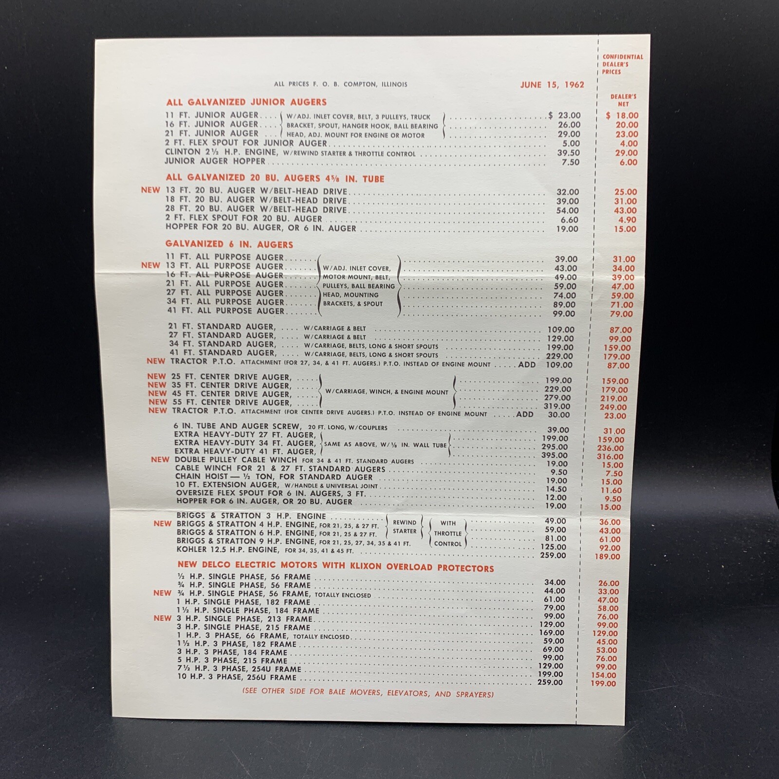1962 Mayrath Bale Movers-Augers-Elevators Sales Brochure/Price List/Envelope