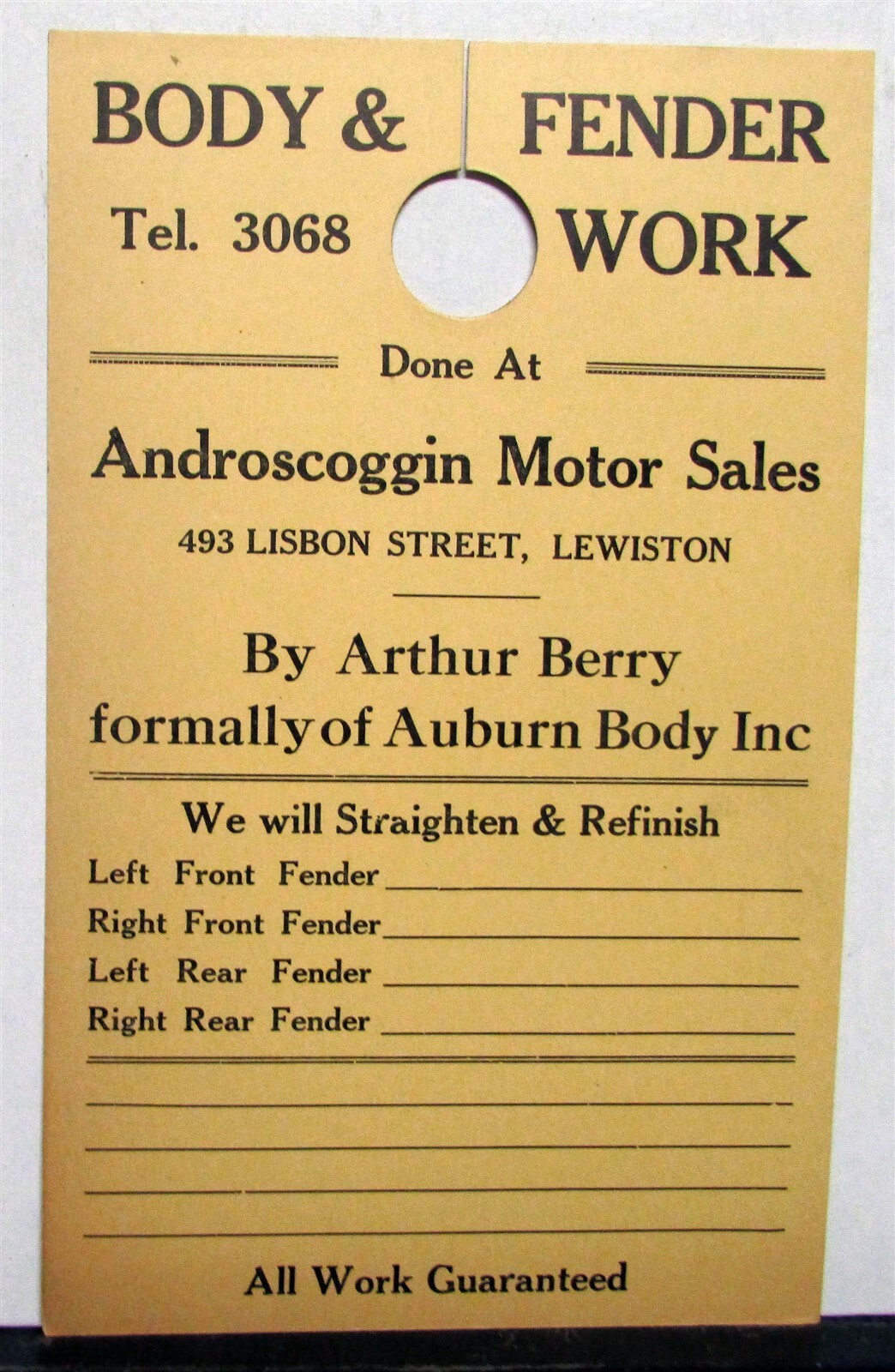 1930s Androscoggin All Work Guaranteed Body & Fender Work Hang Tag
