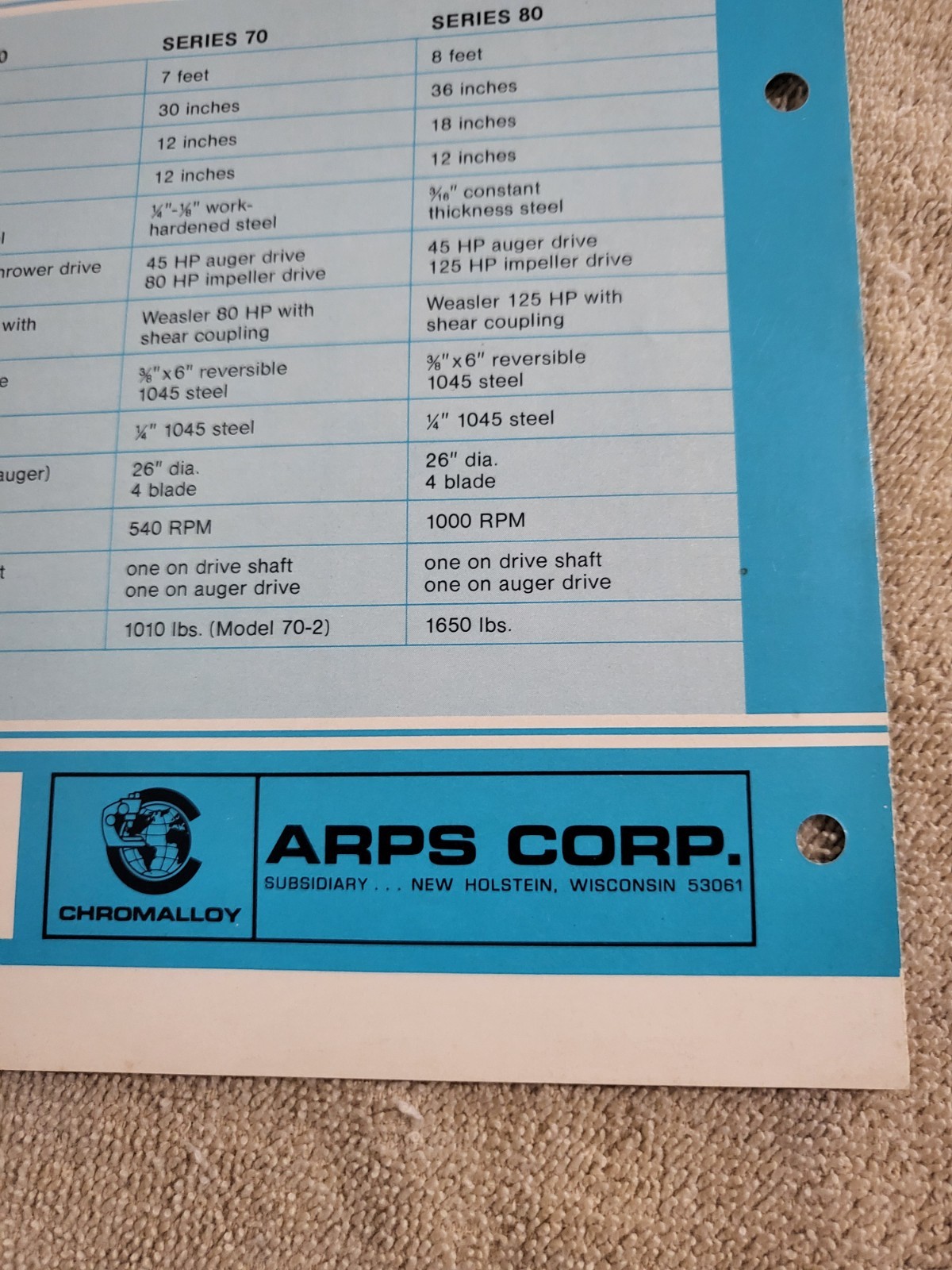 Original ARPS Series 60 70 80 Snowblowers Sales BROCHURE Tractor Rear Mount PTO