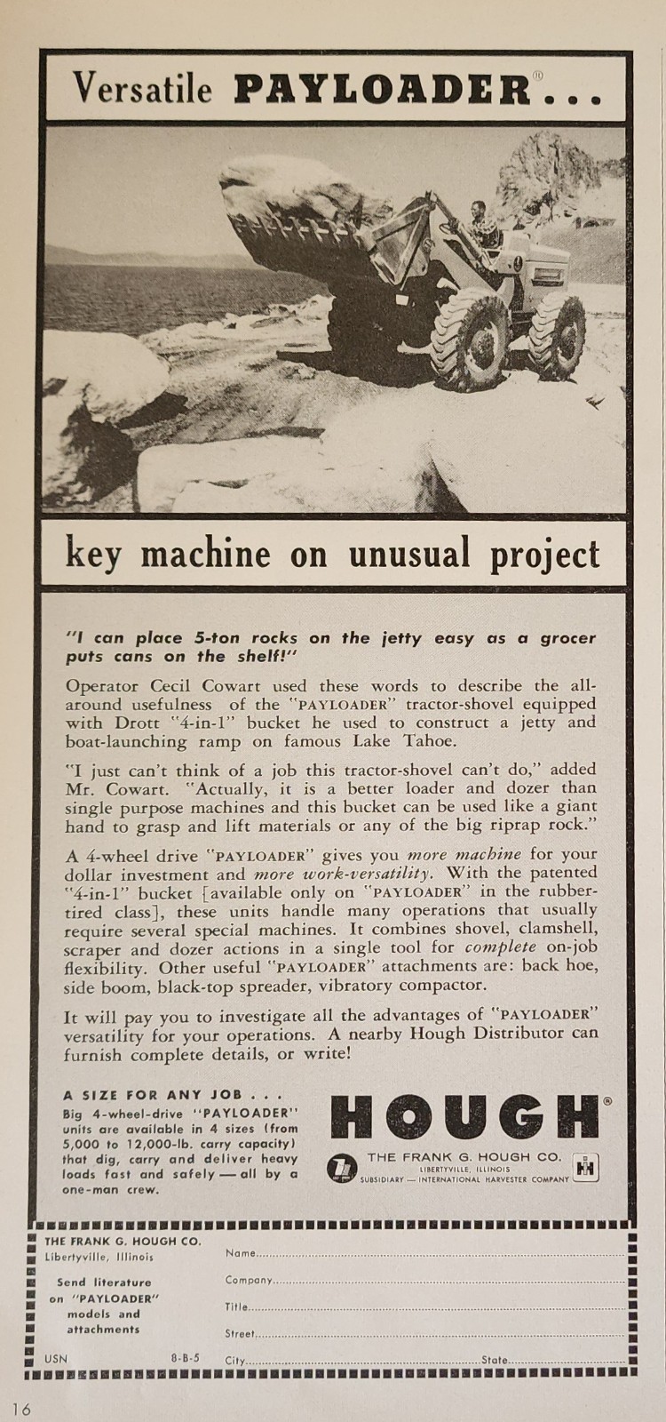 Hough Payloader Tractor Construction Picture Magazine Ad Original Vintage Decor
