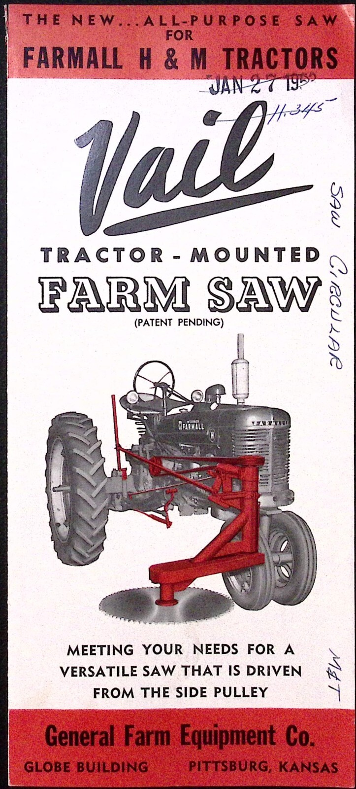 1953 Vail Tractor Mounted Farm Saw for Farmall H&M Tractors Dealer Brochure