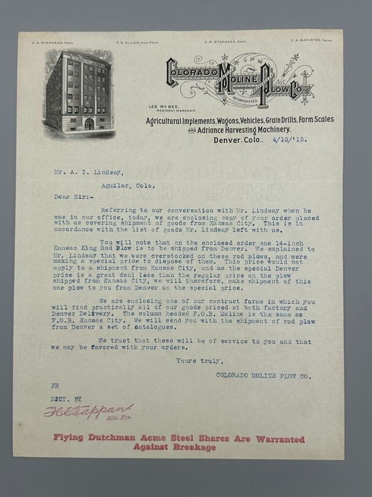 1915 COLORADO MOLINE PLOW Co FARM Advertising ADRIANCE HARVESTING MACHINE Letter