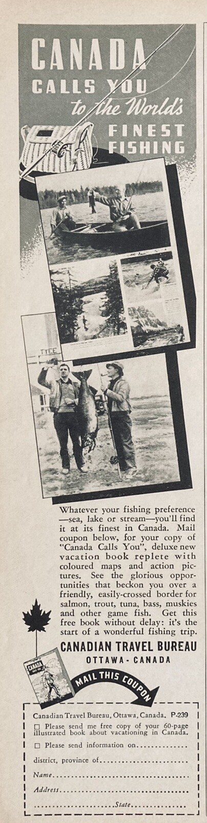 1939 AD(XH26)~OTTAWA,CANADA TRAVEL BUREAU FISHING VACATION DESTINATION