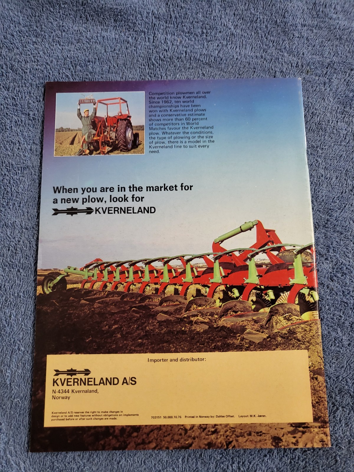 Vintage 1976 KVERNELAND A/S MOLDBOARD PLOWS Sales BROCURE Norway Tractor Farm AG