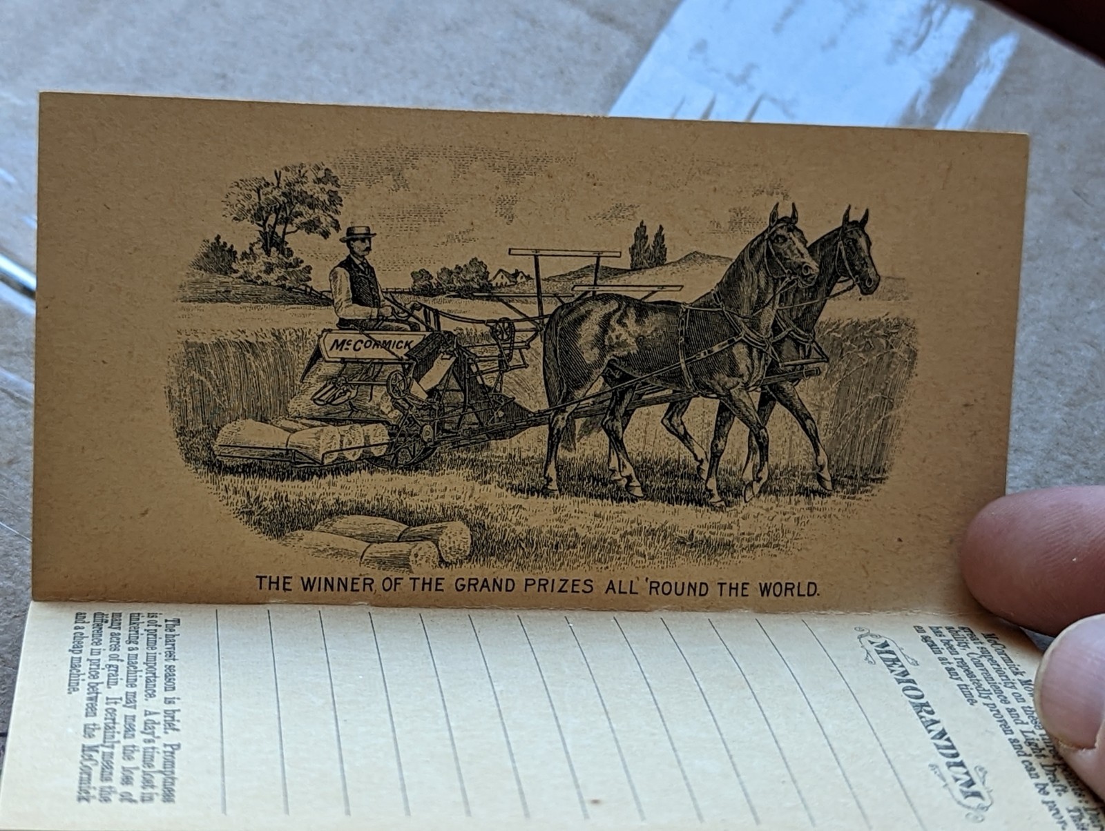 1898 Pocket Calendar Memorandum Advertising Book McCormick Harvesting Machine
