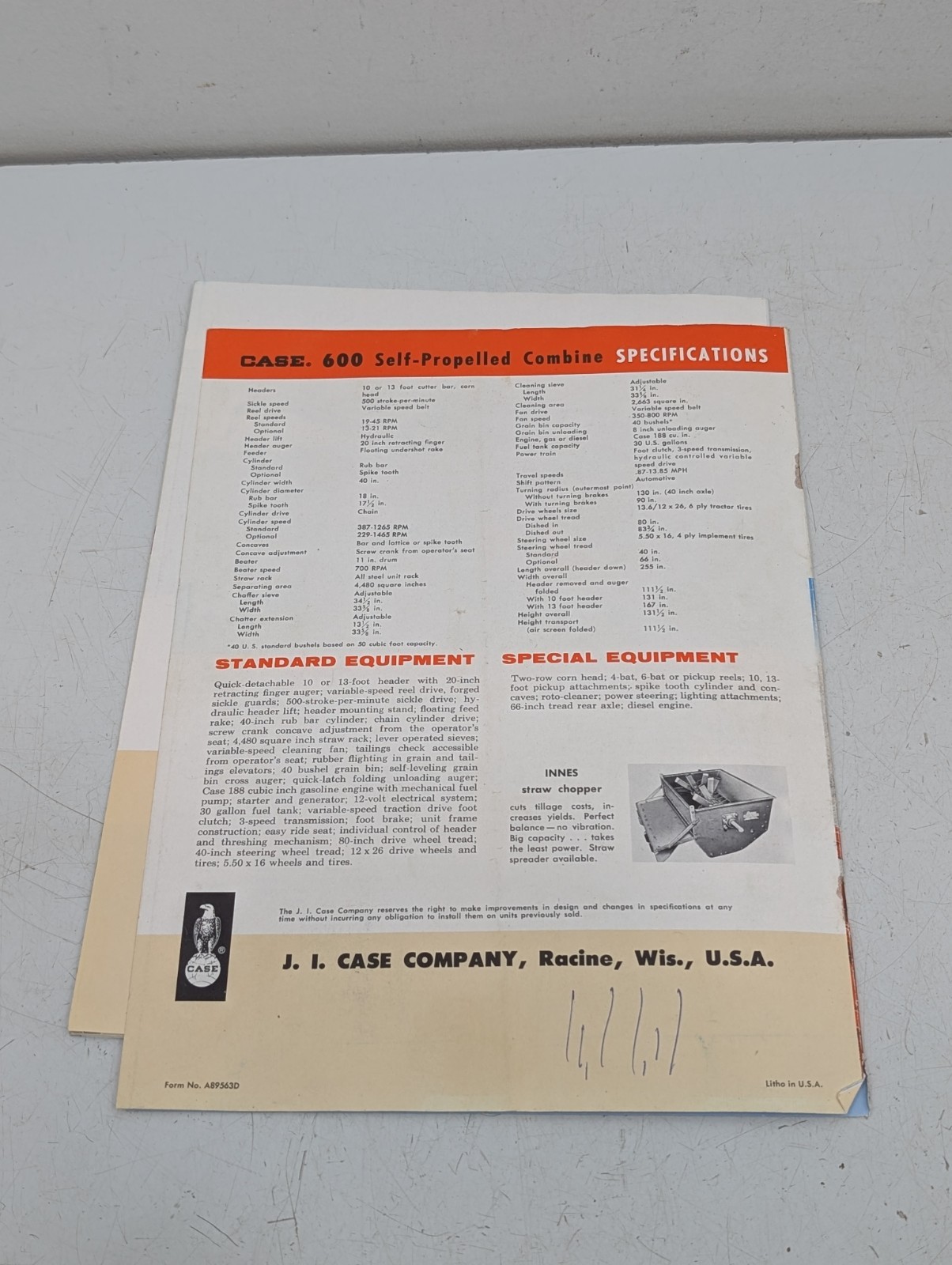 Vintage Case Tractor 600 Combine Dealer Brochure Advertising Book Manual