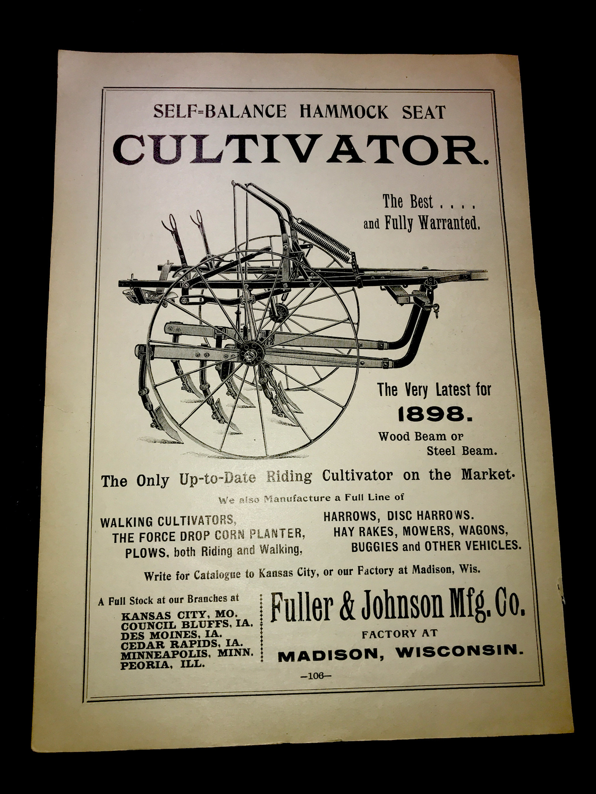 1898 Fuller & Johnson Cultivator Farm Advertising – Madison – Wisconsin