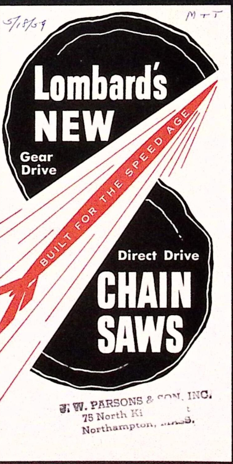 1959 Lombard&rsquo;s New Gear Drive Direct Drive Chain Saws Dealer Brochure Ashland MA